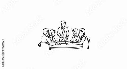 A sketch of a meeting with people gathered around a table