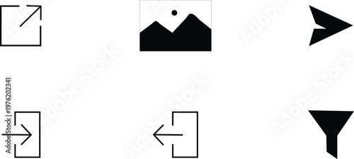 Collection of various black and white icons on a pure