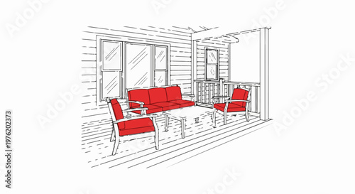 A sketch of a porch with red-cushioned furniture, windows, and railing