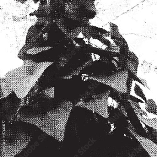 A grunge halftone vector illustration leaves featuring a black and white floral background with a silhouette..