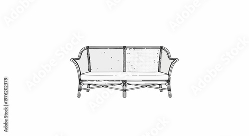 A sketch of a two-seater wicker sofa with rounded arms on a white background