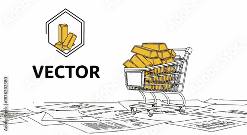 A sketch of a shopping cart overflowing with gold bars sits on scattered papers