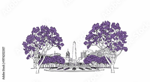 A sketch of a square with a fountain, obelisk, and trees