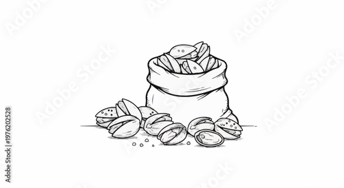 A sketched bag overflows with pistachios, some spilled onto the surface