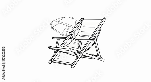 A sketched deck chair with a detached, unfolded umbrella behind it
