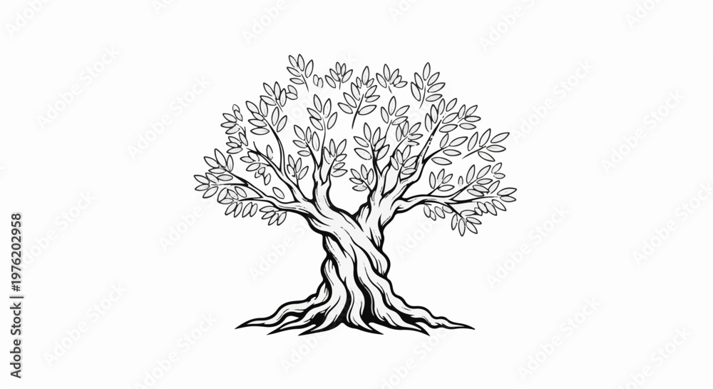 Fototapeta premium A stark, black and white sketch of an ancient, gnarled tree with broad leaves