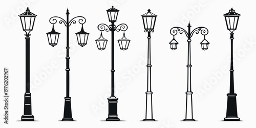 Compilation of silhouetted street lamps and vintage lampposts with street lamp single pole lamppost collection illustration silhouette lighting decorative