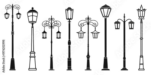 Assortment of black silhouette victorian style lampposts with street light lamppost victorian collection illustration silhouette lighting decorative