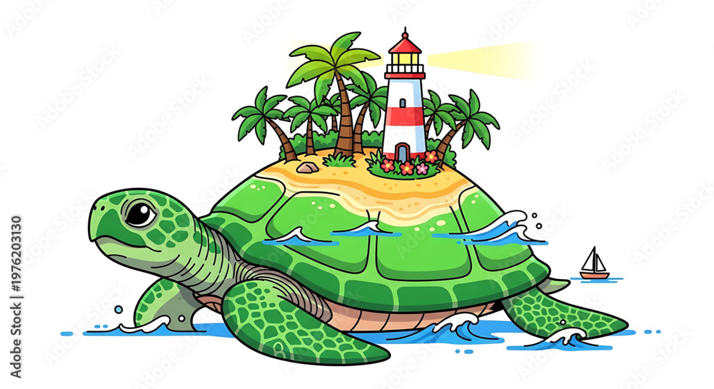 Obraz premium A colorful cartoon turtle swimming near a tropical island with a lighthouse