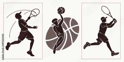 Athletes in action: tennis and basketball silhouettes with silhouette basketball athletic competitor individual illustration lifestyle recreation jump shot