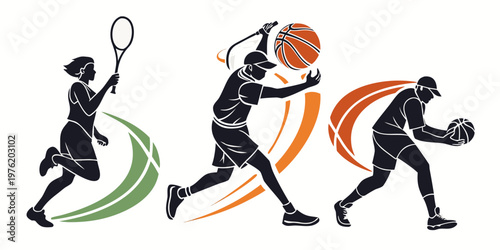 Tennis player and basketball players in action silhouettes with basketball silhouette movement dribbling competition recreation lifestyle illustration