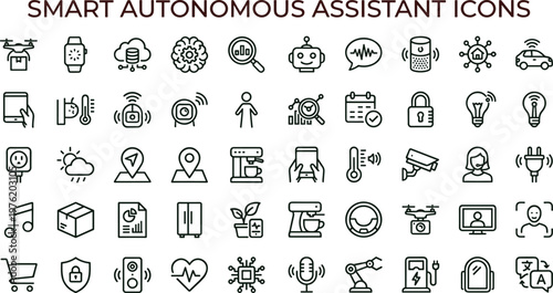 Smart autonomous assistant artificial intelligence outline icon set for automation analytics dashboards applications interfaces productivity and connected digital technology systems