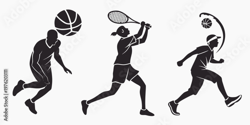Athletes playing basketball and tennis silhouettes with swirls basketball silhouette movement illustration dribbling competition athletic recreation