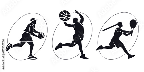 Basketball player and tennis player silhouettes in sports scenes with basketball silhouette movement competition dribbling athletic recreation lifestyle