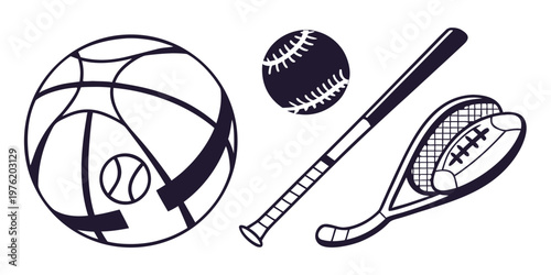 Collection of sports balls and equipment icons with basketball baseball equipment illustration competition recreation athletic collection accessories
