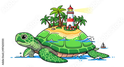 A colorful cartoon turtle swimming near a tropical island with a lighthouse