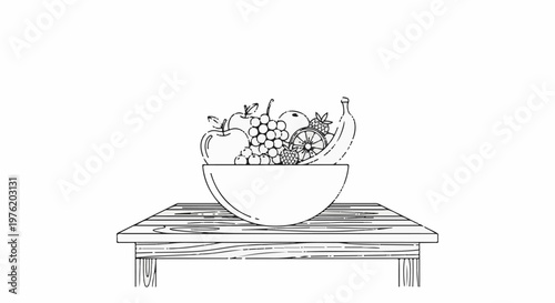 A still life drawing of a bowl overflowing with assorted fruits on a wooden table