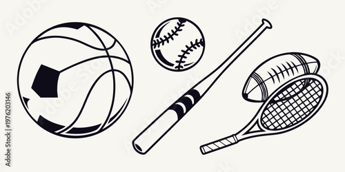 Monochromatic sports balls and equipment with equipment monochromatic minimalist basketball baseball football athletic competition sporting illustration