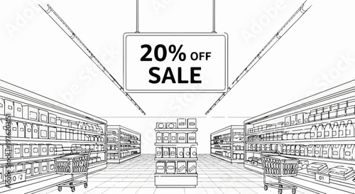 A store aisle with shelves stocked with goods, a shopping cart, and a sale sign