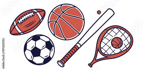 Assortment of colorful sports gear with equipment colorful football basketball baseball athletic competition sporting illustration collection different