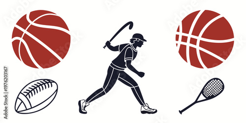 Sports player with equipment and balls equipment basketball football athletic competition sporting illustration silhouette collection different activity