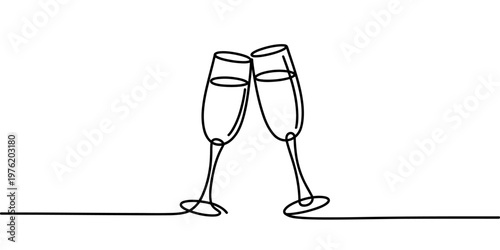 Two champagne glasses clinking in a continuous line art style on a white background. Vector, illustration