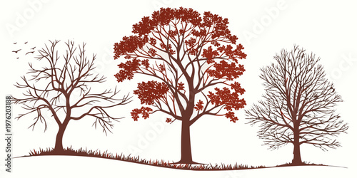 Three trees silhouetted two bare and one with red leaves set against a white background silhouette seasonal deciduous branches illustration stylized