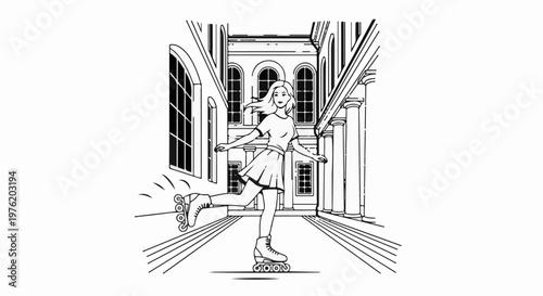 A young woman roller skates down a grand architectural passage with columns