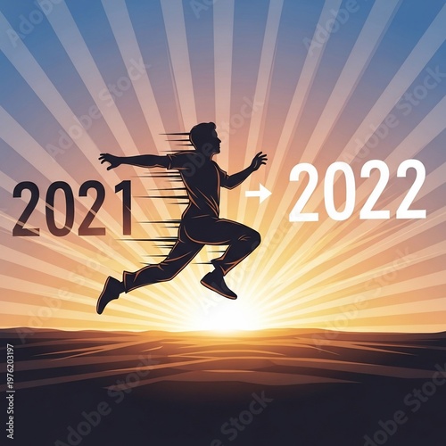 Man running from 2021 to 2022, forward motion, new year, sunrise, optimism, fitness, progress, goal achievement