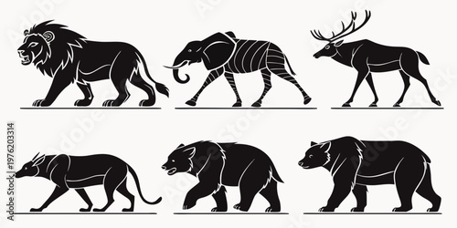 Set of walking animal silhouettes: lion elephant deer hyena bears with brown bear big cat black and white silhouette elephant collection wildlife creature