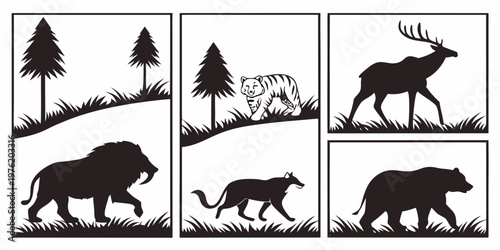 Nature scenes with wildlife silhouettes: saber-toothed cat tiger wolf deer bear black and white silhouette wildlife landscape stylized prehistoric mountain