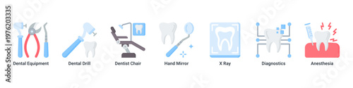 Dental Tools web banner icon vector illustration with icons of Dental Equipment,Dental Drill,Dentist Chair,Hand Mirror,X Ray,Diagnostics and Anesthesia