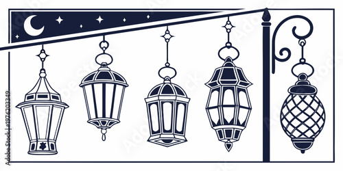 Decorative islamic lanterns hanging from a stylized streetlamp and night sky with graphic resource middle eastern decoration crescent streetlamp ornament
