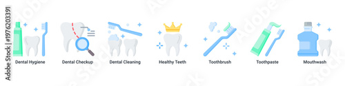 Preventive Care web banner icon vector illustration with icons of Dental Hygiene,Dental Checkup,Dental Cleaning,Healthy Teeth,Toothbrush,Toothpaste and Mouthwash