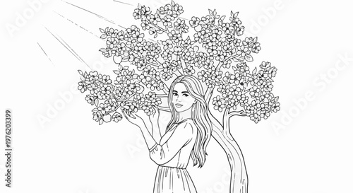 A young woman in a flowing dress stands under a blooming tree, bathed in sunlight