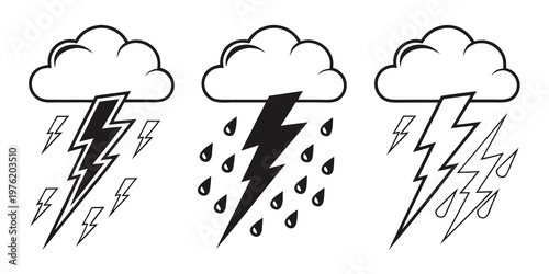 Icons depicting stormy weather with rain and lightning thunderstorm forecast collection atmospheric meteorology downpour illustration conditions