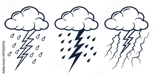 Icons of clouds with rain and lightning bolts lightning thunderstorm forecast collection atmospheric meteorology downpour illustration conditions