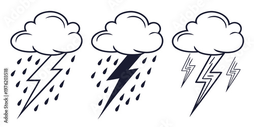 Cloud icons illustrating rain and lightning storms with lightning thunderstorm forecast collection atmospheric meteorology downpour illustration conditions