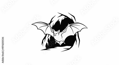 A stylized black and white drawing of a bat flying out of a cave opening