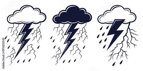 Set of vintage-style graphic icons depicting thunderstorms with lightning and rain dark cloud heavy rain weather icon bad weather thunderstorm lightning