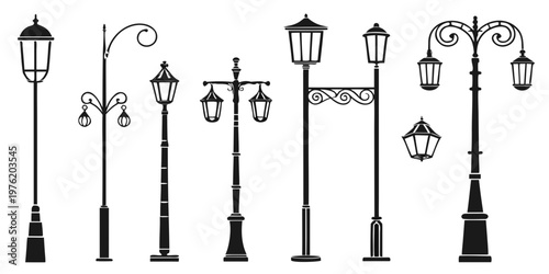 Assortment of classic and decorative street lights in silhouette with street light lamp post street furniture light fixture lighting decorative silhouette