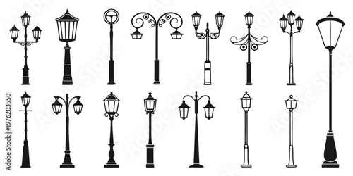Collection of decorative and traditional street lamp designs and styles with lamp post street furniture vintage street light art nouveau lighting design