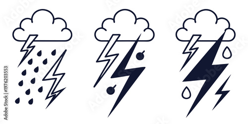 Three icons representing thunderstorm with rain lightning hail weather icons lightning icon storm icon weather symbols heavy rain bad weather stormy sky