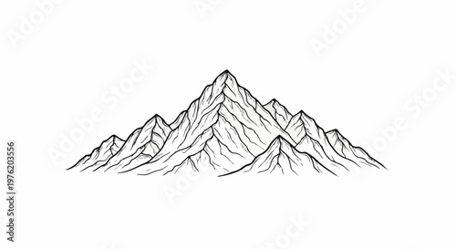 A stylized black and white drawing of a mountain range with sharp peaks