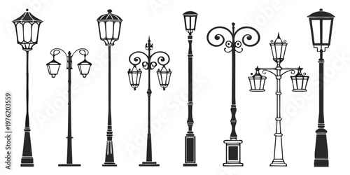 Collection of black silhouette street lamps and lampposts with street lamp lighting fixture lamppost lighting collection silhouette architecture decorative