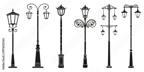 Selection of victorian and classic street lamp silhouettes with black and white lighting fixture lamppost lighting collection silhouette architecture
