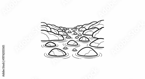 A stylized black and white drawing of a rocky riverbed with water flowing over smooth stones