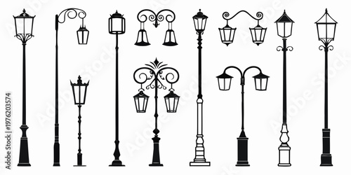 Assortment of ornate and modern streetlight silhouettes with black and white lighting fixture streetlight lamppost lighting collection silhouette decorative