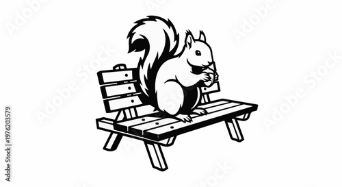 A stylized black and white drawing of a squirrel on a wooden park bench
