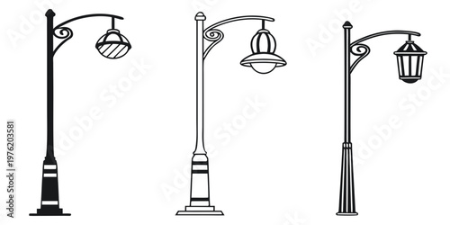 Artistic renderings of vintage streetlight designs with line art black and white lighting fixture streetlight lamppost lighting collection silhouette